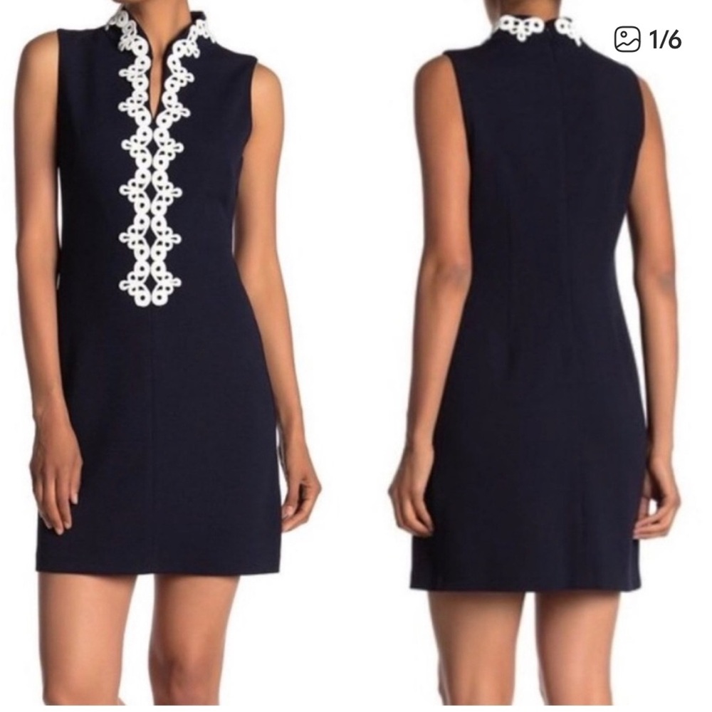 Vince Camuto Navy Sheath Dress with White Lace Front Trim